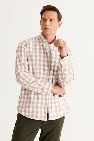ALTINYILDIZ CLASSICS Ανδρικό εκρού-καφέ πουκάμισο Comfort Fit Relaxed Button γιακά φανέλα ξυλοκόπο