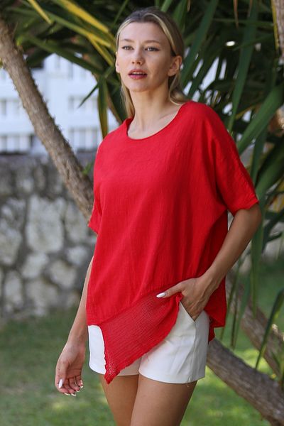 Chiccy Red Asymmetrical Casual Blouse with Round Neck and Mesh Detail