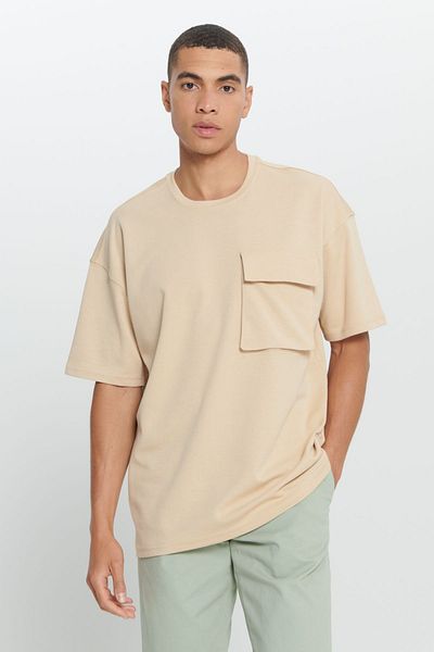 AC&Co / Altınyıldız Classics Μπεζ Ανδρικό Oversize Βαμβακερό T-Shirt - Crew Neck