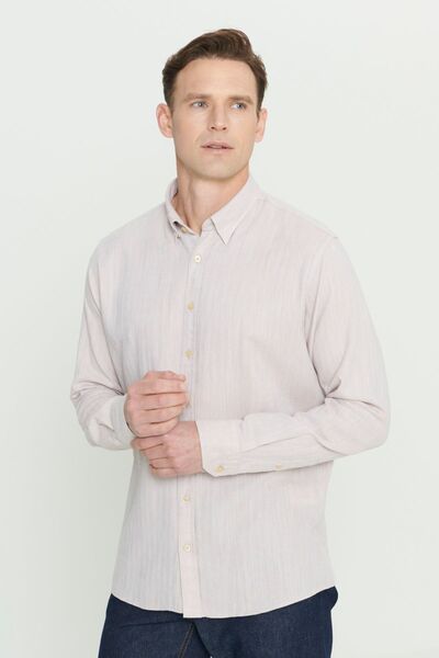 ALTINYILDIZ CLASSICS Бежева чоловіча сорочка - Comfort Fit, зручний крій, 100% бавовна, прихований комір на ґудзиках, з візерунком