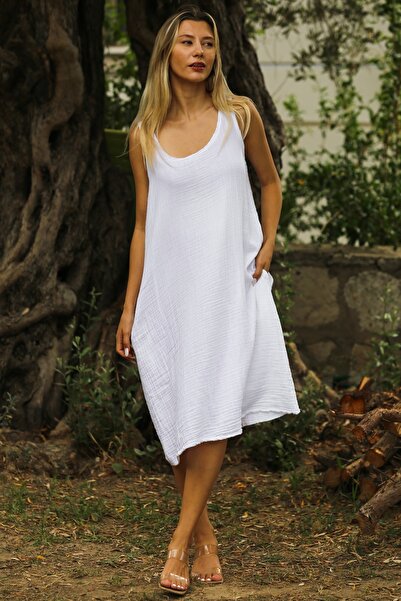 Chiccy White Muslin Dress with Athlete Collar - Sleeveless and Washable