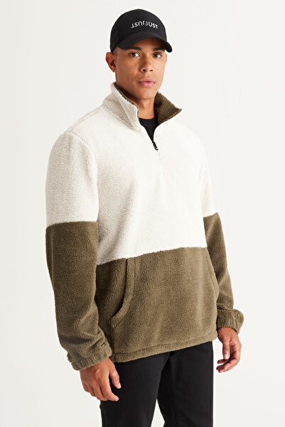 AC&Co / Altınyıldız Classics Erkek Bej-haki Standart Fit Dik Bato Yaka Kanguru Cepli Çift Renkli Sherpa Polar Sweatshirt
