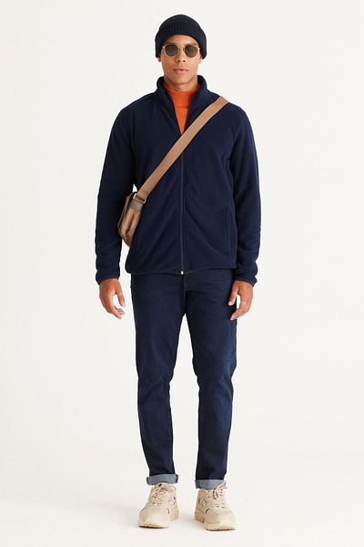 AC&Co / Altınyıldız Classics Marineblaue Anti-Pilling-Sweatshirt-Fleecejacke für Herren mit Standard-Passform und Stehkragen