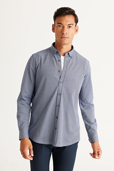 ALTINYILDIZ CLASSICS Erkek Lacivert Slim Fit Dar Kesim Düğmeli Yaka Pike Desenli Örme Gömlek