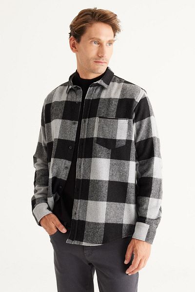 ALTINYILDIZ CLASSICS Ανδρικό γκρι-μαύρο πουκάμισο Comfort Fit Relaxed cut Button γιακά με καρό σχέδιο φανέλα