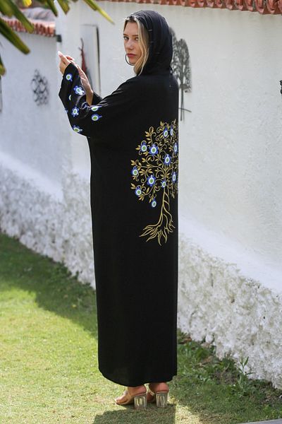Chiccy Black Printed Long Fit Woven Dress - Long Sleeve, Hooded, Zippered