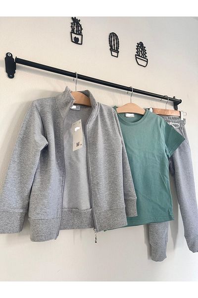 YARENKİDS 3-Piece Gray Tracksuit Set for Boys Girls - Light Green Badi, Zippered