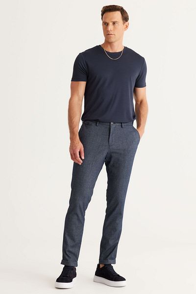 ALTINYILDIZ CLASSICS Men's Navy Blue Slim Fit Slim Fit Side Pocket Tweet Patterned Classic Fabric Trousers with Elastic Waist