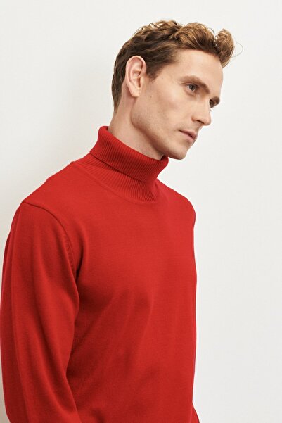ALTINYILDIZ CLASSICS Men's Red Non-Pilling Anti Pilling Featured Standard Fit Full Turtleneck Knitwear Sweater