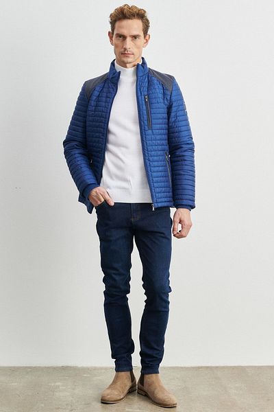 AC&Co / Altınyıldız Classics Pánský kabát Indigo Standard Fit Regular Střih, odolný vůči chladnému počasí, vzorovaný Puffer Coat