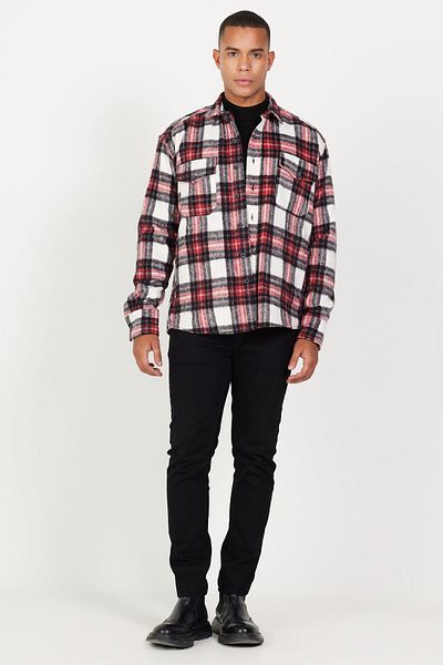 AC&Co / Altınyıldız Classics Ανδρικό εκρού κόκκινο Oversize Τσέπη γιακά με χαλαρή κοπή με καρό σχέδιο χειμωνιάτικο μπουφάν ξυλοκόπος