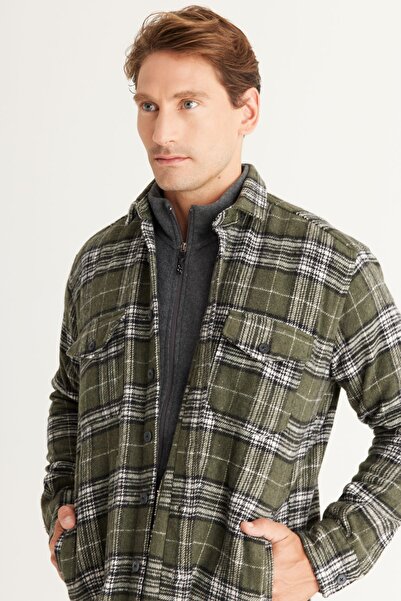 AC&Co / Altınyıldız Classics Pánská khaki oversize kostkovaná zimní košilová bunda s volným střihem na knoflíky