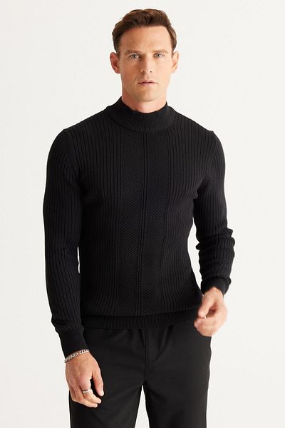 AC&Co / Altınyıldız Classics Men's Black Slim Fit Slim Fit Half Turtleneck Cotton Jacquard Knitwear Sweater