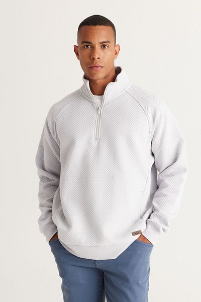 AC&Co / Altınyıldız Classics Hellgraues, locker sitzendes Herren-Sweatshirt mit Stehkragen und Bato-Kragen aus 3-fädig gemustertem Fleece