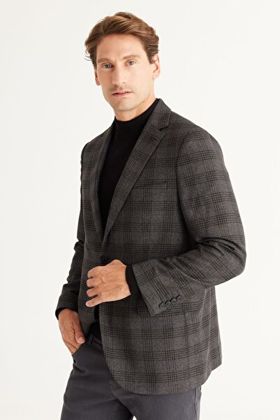 ALTINYILDIZ CLASSICS Men's Black-Navy Blue Comfort Fit Relaxed Cut Mono Collar Patterned Blazer Jacket