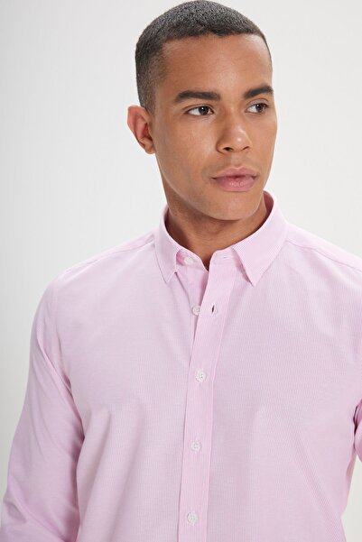 AC&Co / Altınyıldız Classics Ανδρικό Λευκό-Ροζ Slim Fit Slim Fit Κρυφό Κουμπί γιακά Βαμβακερό ριγέ πουκάμισο