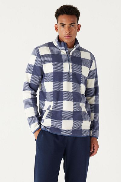AC&Co / Altınyıldız Classics Men's Ecru Indigo Standard Fit Normal Cut Stand-Up Bato Collar Fleece Sweatshirt