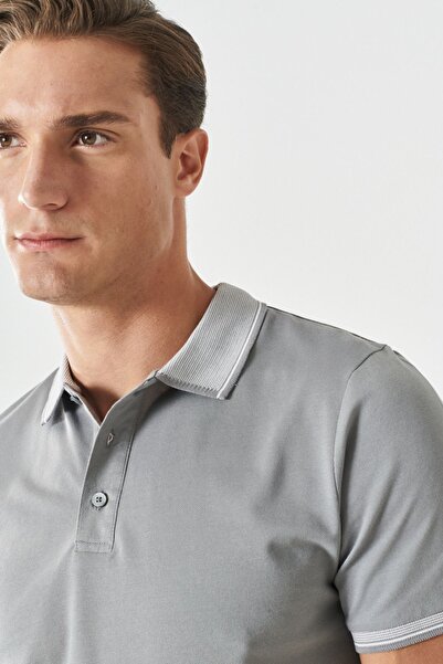 AC&Co / Altınyıldız Classics Pánské šedé tričko Polo Neck Slim Fit - nesrážlivá bavlněná tkanina
