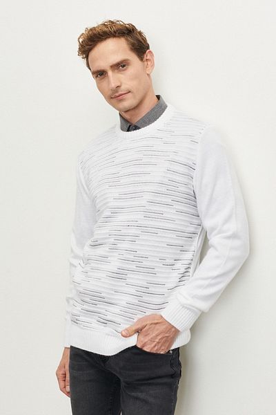 ALTINYILDIZ CLASSICS Men's Bone-g.melange Standard Fit Normal Cut Crew Neck Textured Patterned Knitwear Sweater