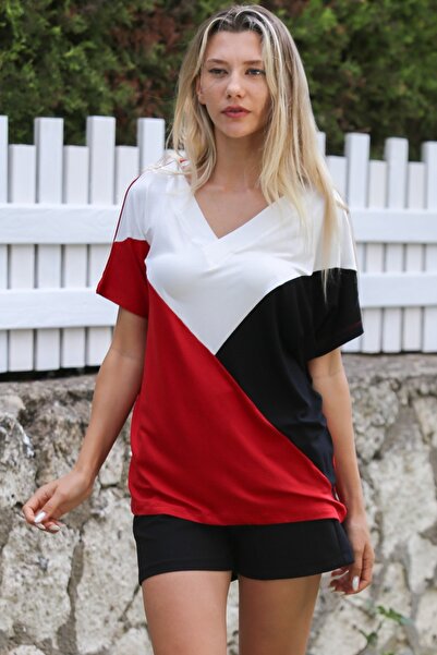 Chiccy V-Neck Red-White Low Sleeve Knitted Blouse