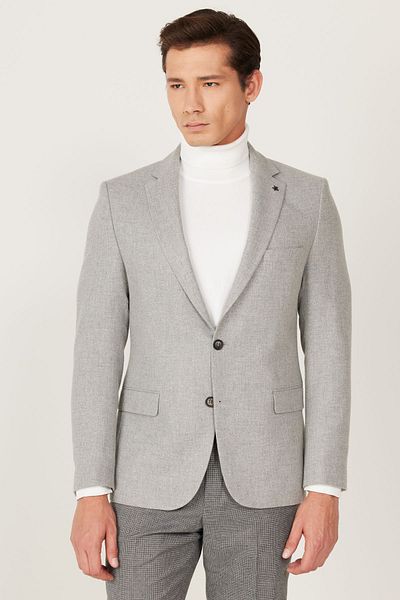 ALTINYILDIZ CLASSICS Ανδρικό Γκρι Slim Fit Slim Fit Μονόχρωμο γιακά με σχέδιο μάλλινο σακάκι