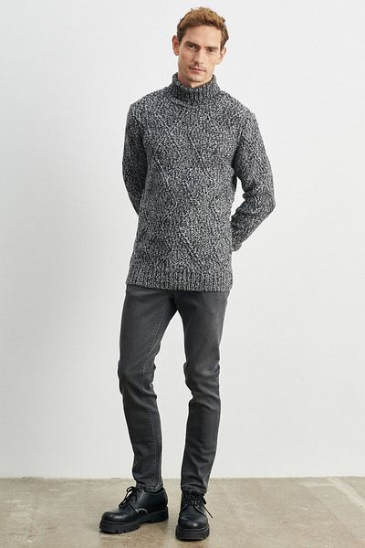 ALTINYILDIZ CLASSICS Men's Anthracite Standard Fit Regular Cut Full Turtleneck Jacquard Thick Knitwear Sweater