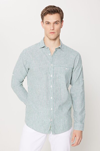 AC&Co / Altınyıldız Classics Green-Ecru Linen Comfort Fit - Ανδρικό πουκάμισο με ριγέ κλασικό γιακά με χαλαρή εφαρμογή