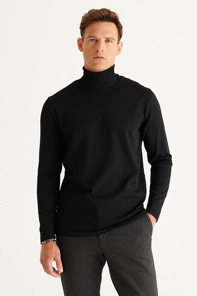 ALTINYILDIZ CLASSICS Schwarzer Herren-Strickpullover mit Standard-Passform und normalem Schnitt und durchgehendem Rollkragen