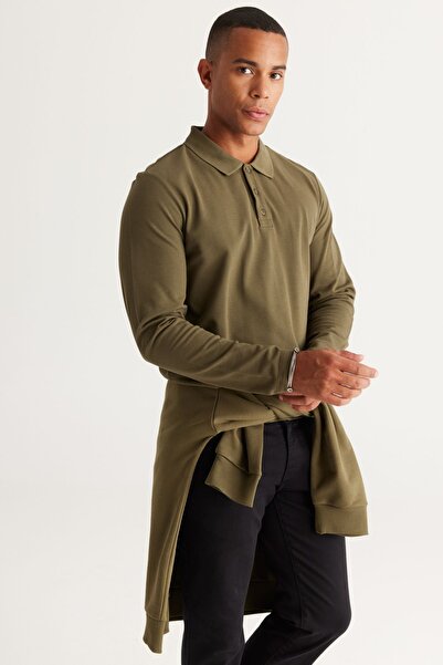 AC&Co / Altınyıldız Classics Pánská mikina s límečkem Polo límec se 3 vlákny, khaki Standard Fit Regular Cut Vnitřní 100% bavlna