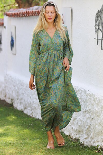 Chiccy Hindistan Yeşil V Yaka Uzun Kol Robası Büzgülü Allover Baskılı Dokuma Casual Elbise