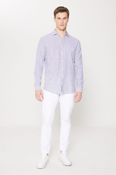 AC&Co / Altınyıldız Classics Ανδρικό ριγέ πουκάμισο σε μπλε-λευκό λινό Comfort Fit Classic γιακά