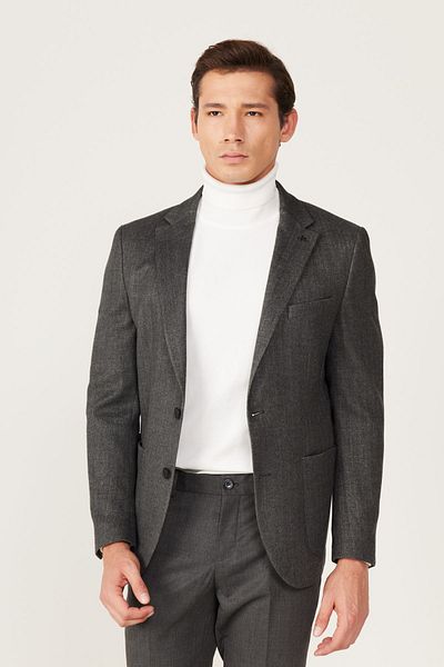 ALTINYILDIZ CLASSICS Ανδρικό μπουφάν Anthracite Slim Fit Slim Fit μονόχρωμο γιακά με σχέδιο μάλλινο σακάκι
