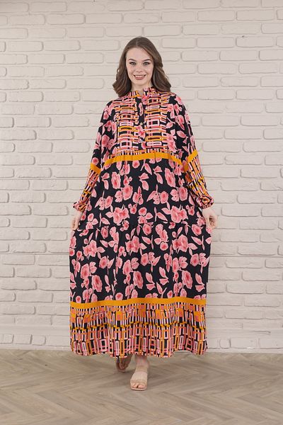 mervemoda Γυναικείο φόρεμα Plus Size - Μπροστινό με κουμπιά και ύφανση
