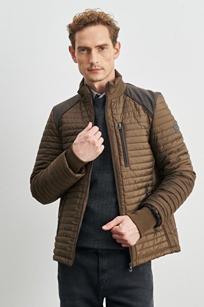 AC&Co / Altınyıldız Classics Ανδρικό παλτό με μοτίβο σε καφέ Standard Fit Regular Cut, ανθεκτικό στον κρύο καιρό