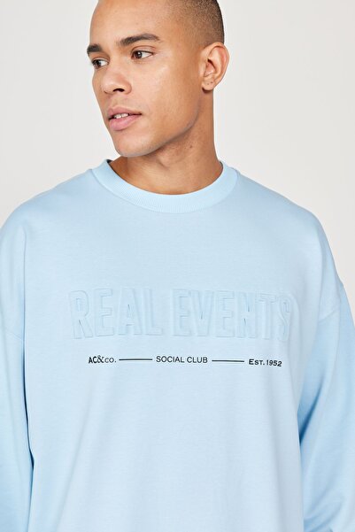 AC&Co / Altınyıldız Classics Erkek Mavi Oversize Bol Kesim Içi Polarlı 3 Iplik Bisiklet Yaka Pamuklu Sweatshirt