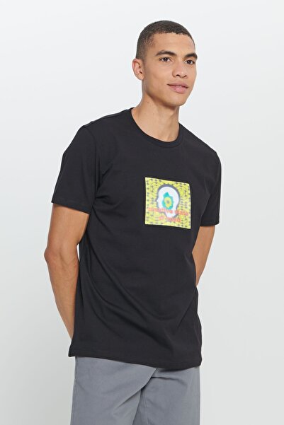 AC&Co / Altınyıldız Classics Pánské černé tričko Standard Fit Regular Fit 100% bavlna Design s potiskem a výstřihem