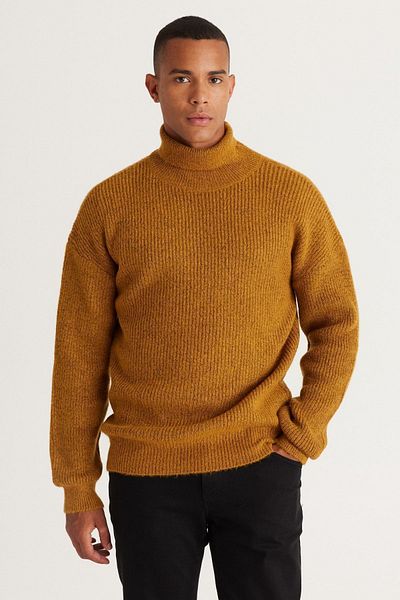 AC&Co / Altınyıldız Classics Senfgelber, übergroßer, locker geschnittener Rollkragenpullover mit gemustertem Schal und weichem, strukturiertem Strickpullover für Herren