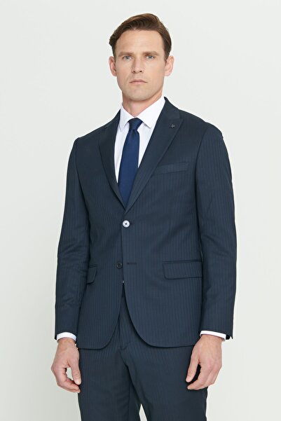 ALTINYILDIZ CLASSICS NavY Blue Extra Slim Fit Woolen Striped Suit - Swallow Collar