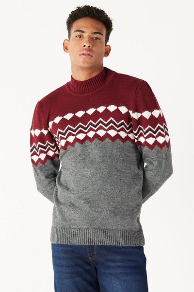 AC&Co / Altınyıldız Classics Men's Burgundy Anthracite Standard Fit Half Turtleneck Ruffled Soft Textured Knitwear Sweater