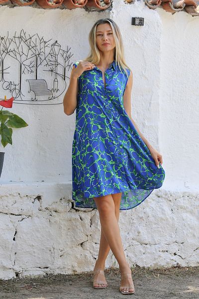 Chiccy Rochie casual fără mâneci cu guler cămașă cu imprimeu albastru-verde