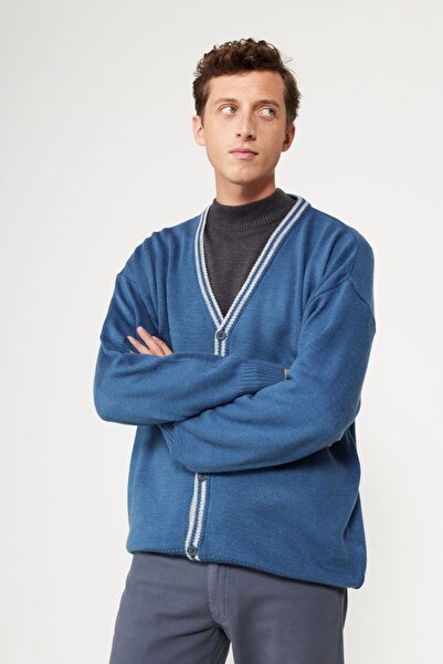AC&Co / Altınyıldız Classics Pánský pletený cardigan s výstřihem do V, INDIGO-GREY MELANJ Standard Fit