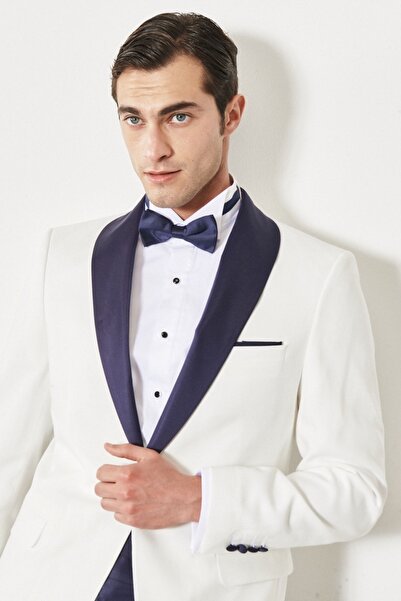 ALTINYILDIZ CLASSICS Men's White-Navy Blue Slim Fit Narrow Cut Mono Collar Patterned Classic Tuxedo Suit