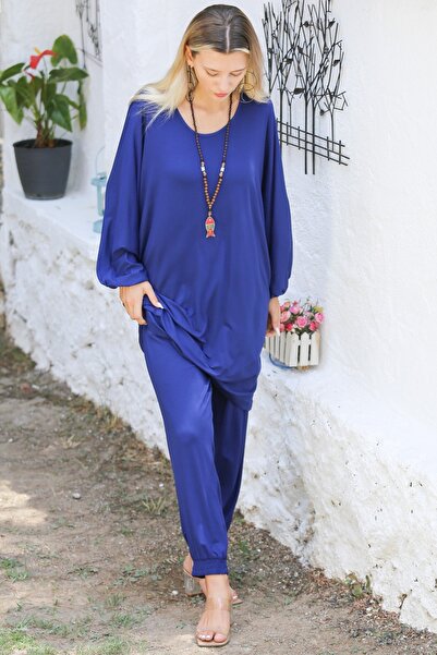 Chiccy Plus Size Dark Blue Knitted Set with Round Collar and Bat Sleeve Pocket - Elastic Waist and Leg