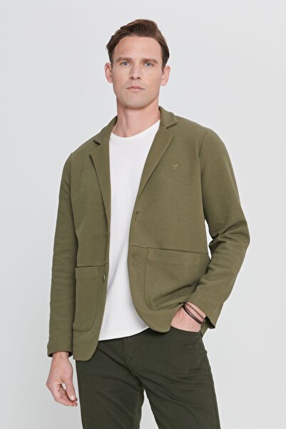 AC&Co / Altınyıldız Classics Men's Khaki Standard Fit Regular Cut Shirt Collar Cotton Knitted Blazer Jacket