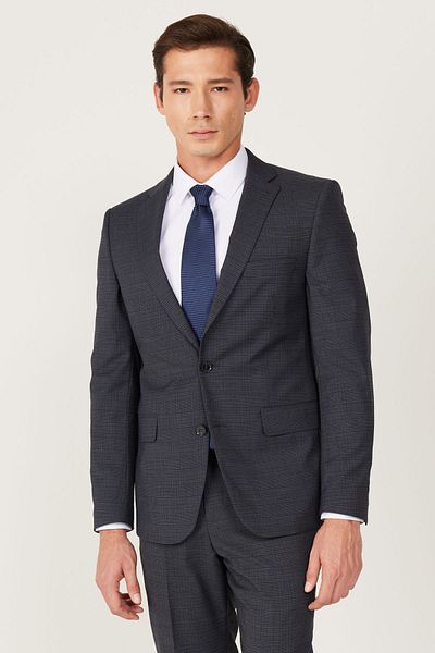 ALTINYILDIZ CLASSICS Men's Anthracite-Navy Wool Extra Slim Fit Slim Fit Mono Collar Print Suit