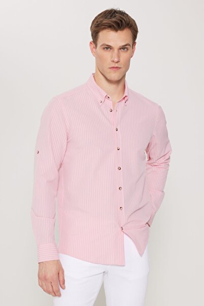 AC&Co / Altınyıldız Classics Erkek Pembe Kırışmayan Oxford Gofre Desenli Slim Fit Dar Kesim Düğmeli Yaka Esnek Gömlek