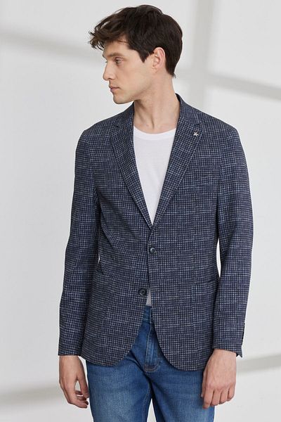 ALTINYILDIZ CLASSICS Marineblauer Slim-Fit-Blazer mit Hahnentrittmuster und schmaler Passform für Herren in Marineblau
