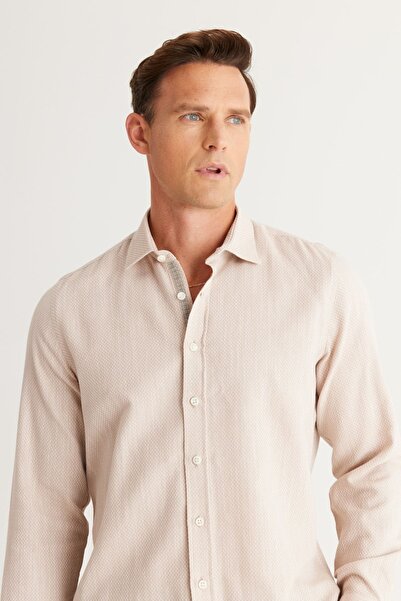 ALTINYILDIZ CLASSICS Ανδρικό πουκάμισο 100% βαμβακερό κλασικό γιακά με στενή εφαρμογή σε μπεζ λεπτή εφαρμογή