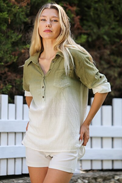 Chiccy Green Camouflage Shirt Collar - Buttoned and Washed Long Sleeve Casual Blouse