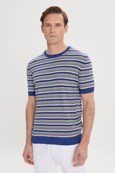 ALTINYILDIZ CLASSICS Men's Striped Knitwear T-shirt - SAKS Beige, Crew Neck, 100% Cotton, Standard Fit